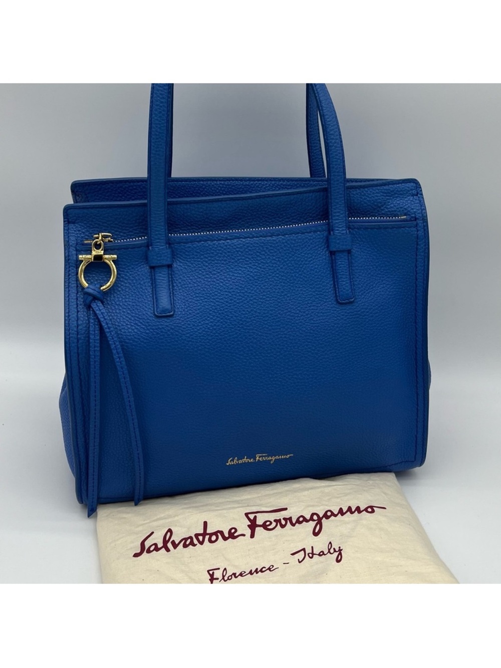 Salvatore Ferragamo Royal Blue Pebbled Leather Tote with Gold Hardware
